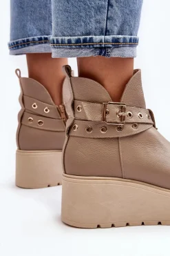 Zazoo Botki Skórzane|Botki Na Koturnie*Skórzane Botki Damskie Na Koturnie Platformie Z Paskami 1752 Beżowe