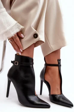 Damskie Boto Skórzane Botki Damskie Na Szpilce Czarne Amalundi