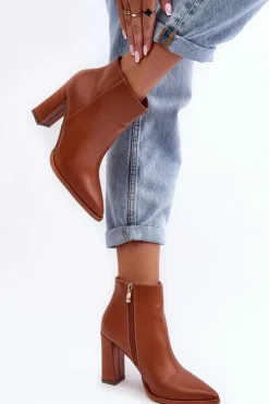 Online Boto Skórzane Botki Damskie Na Słupku Brązowe Saitana