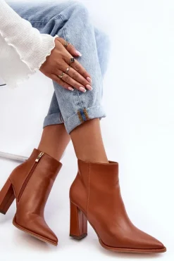 Online Boto Skórzane Botki Damskie Na Słupku Brązowe Saitana