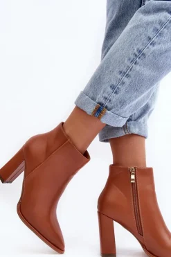 Online Boto Skórzane Botki Damskie Na Słupku Brązowe Saitana