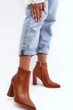 Online Boto Skórzane Botki Damskie Na Słupku Brązowe Saitana