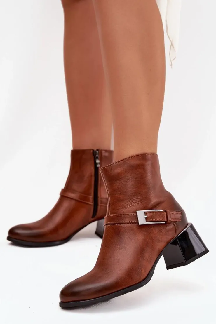 Clearance Zazoo Skórzane Botki Damskie Na Obcasie Z Klamrą 60562 Brązowe