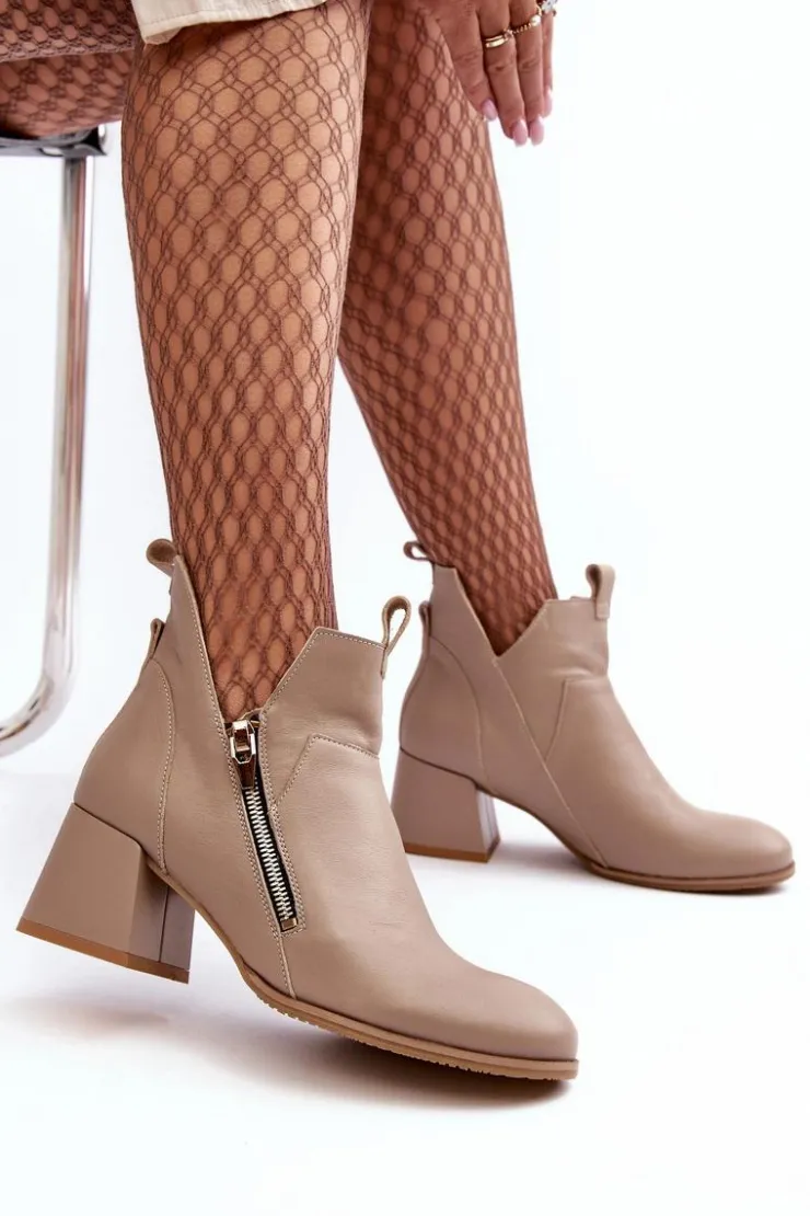 Best Zazoo Skórzane Botki Damskie Na Niskim Obcasie Z Wycięciami 850 Beżowe