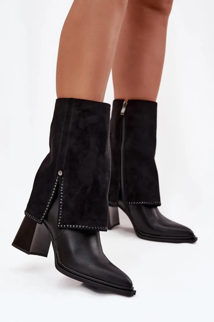 Maciejka Botki Maciejka|Botki Skórzane*Skórzane Botki Damskie Na Słupku Z Wywiniętą Cholewką Ocieplane K7206-01 Czarne