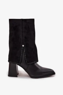 Maciejka Botki Maciejka|Botki Skórzane*Skórzane Botki Damskie Na Słupku Z Wywiniętą Cholewką Ocieplane K7206-01 Czarne