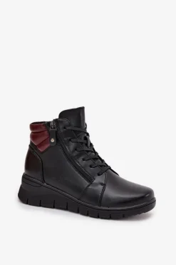 Hot Buty damskie Vinceza Skórzane Botki Damskie Na Koturnie Ocieplane Vinceza 39963 Czarne Czarny