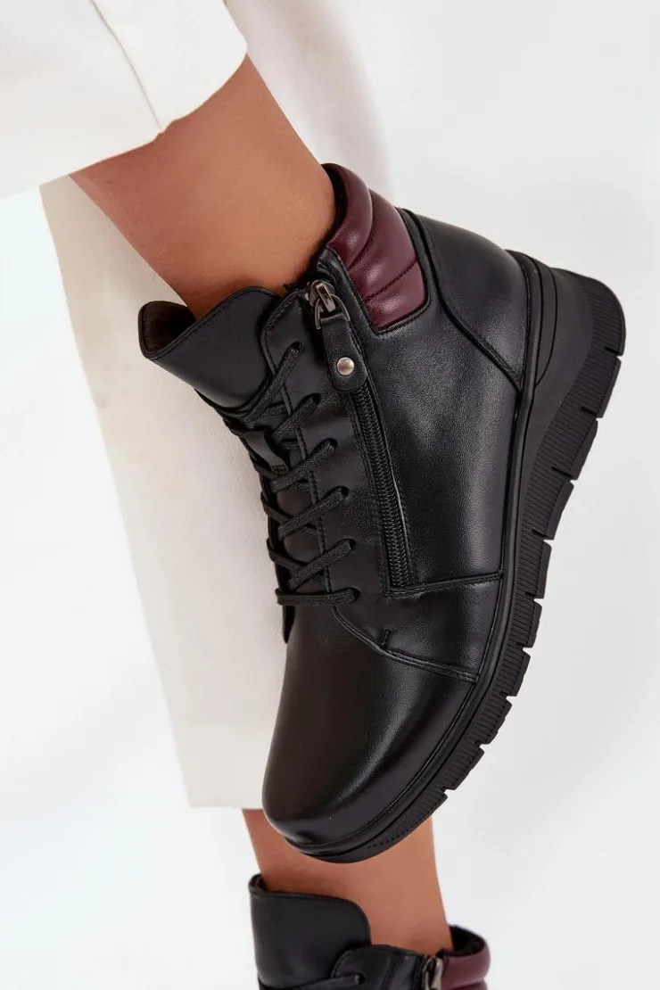 Hot Buty damskie Vinceza Skórzane Botki Damskie Na Koturnie Ocieplane Vinceza 39963 Czarne Czarny