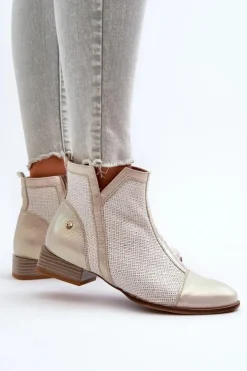Maciejka Botki Wiosenne|Botki Maciejka*Skórzane Botki Damskie Na Niskim Obcasie 06397-22 Jasnobeżowe
