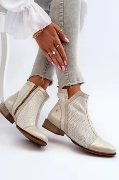 Maciejka Botki Wiosenne|Botki Maciejka*Skórzane Botki Damskie Na Niskim Obcasie 06397-22 Jasnobeżowe