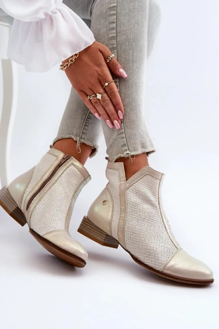 Maciejka Botki Wiosenne|Botki Maciejka*Skórzane Botki Damskie Na Niskim Obcasie 06397-22 Jasnobeżowe