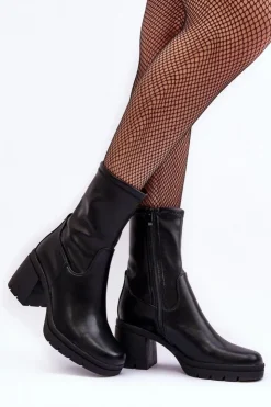 Damskie Buty Sergio Leone Skórzane Botki Damskie Na Masywnym Obcasie Czarne Fllavie