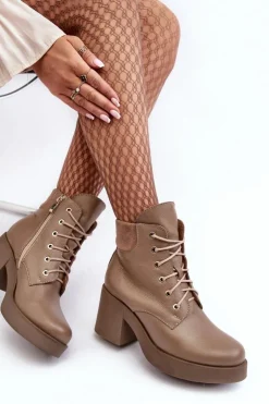 Damskie Boto Skórzane Botki Damskie Na Słupku Ciemnobeżowe Lemar Leocera