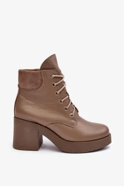 Damskie Boto Skórzane Botki Damskie Na Słupku Ciemnobeżowe Lemar Leocera
