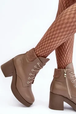 Damskie Boto Skórzane Botki Damskie Na Słupku Ciemnobeżowe Lemar Leocera