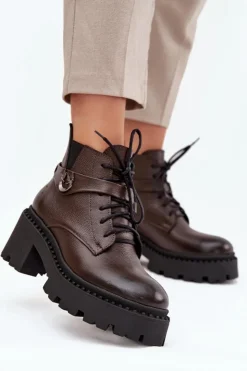 Damskie Zazoo Skórzane Botki Damskie Na Klocku Z Ozdobnym Paskiem Ocieplane 60557 Czekoladowe