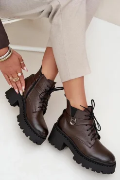 Damskie Zazoo Skórzane Botki Damskie Na Klocku Z Ozdobnym Paskiem Ocieplane 60557 Czekoladowe