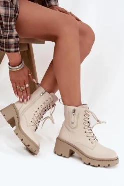 Sale Buty damskie Vinceza Skórzane Botki Damskie Na Klocku Ocieplane Vinceza 86418 Beżowe Beżowy