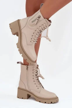 Sale Buty damskie Vinceza Skórzane Botki Damskie Na Klocku Ocieplane Vinceza 86418 Beżowe Beżowy