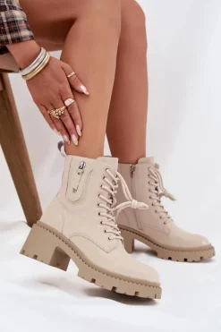 Sale Buty damskie Vinceza Skórzane Botki Damskie Na Klocku Ocieplane Vinceza 86418 Beżowe Beżowy