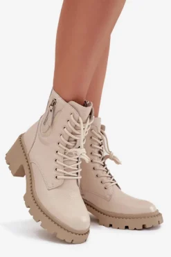 Sale Buty damskie Vinceza Skórzane Botki Damskie Na Klocku Ocieplane Vinceza 86418 Beżowe Beżowy