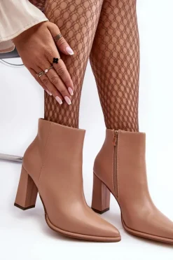 Clearance Boto Skórzane Botki Damskie Na Słupku Beżowe Saitana