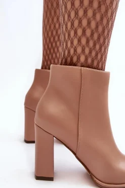 Clearance Boto Skórzane Botki Damskie Na Słupku Beżowe Saitana