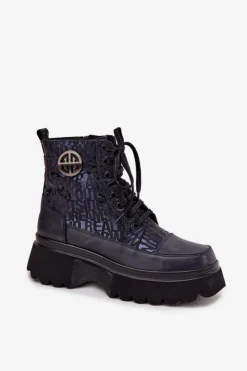 Damskie Artiker Skórzane Botki Damskie Na Platformie Z Napisami I Ozdobnym Detalem 57C2271 Granatowe