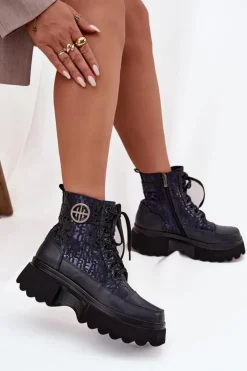 Damskie Artiker Skórzane Botki Damskie Na Platformie Z Napisami I Ozdobnym Detalem 57C2271 Granatowe