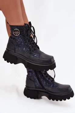 Damskie Artiker Skórzane Botki Damskie Na Platformie Z Napisami I Ozdobnym Detalem 57C2271 Granatowe