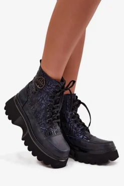 Damskie Artiker Skórzane Botki Damskie Na Platformie Z Napisami I Ozdobnym Detalem 57C2271 Granatowe