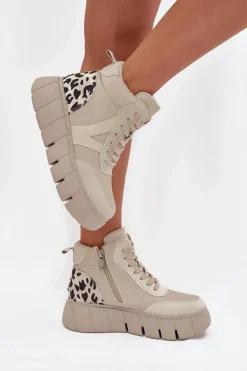 Damskie Buty damskie Vinceza Skórzane Botki Damskie Na Platformie Ocieplane Vinceza 66838 Beżowe