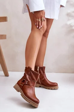 Damskie Boto Skórzane Botki Damskie Na Płaskim Obcasie Lewski 3610 Brązowe