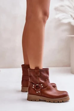 Damskie Boto Skórzane Botki Damskie Na Płaskim Obcasie Lewski 3610 Brązowe