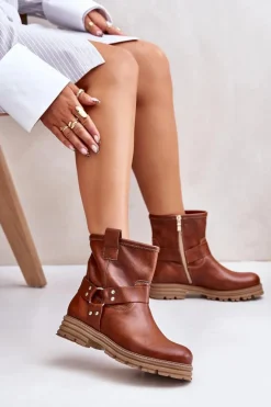 Damskie Boto Skórzane Botki Damskie Na Płaskim Obcasie Lewski 3610 Brązowe