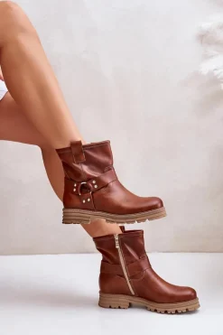 Damskie Boto Skórzane Botki Damskie Na Płaskim Obcasie Lewski 3610 Brązowe