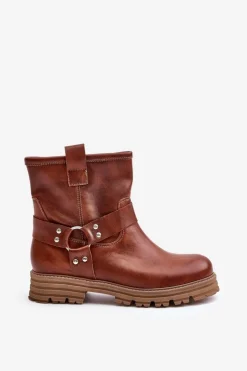 Damskie Boto Skórzane Botki Damskie Na Płaskim Obcasie Lewski 3610 Brązowe