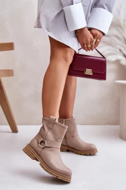 Discount Boto Skórzane Botki Damskie Na Płaskim Obcasie Lewski 3610 Beżowe Beżowy