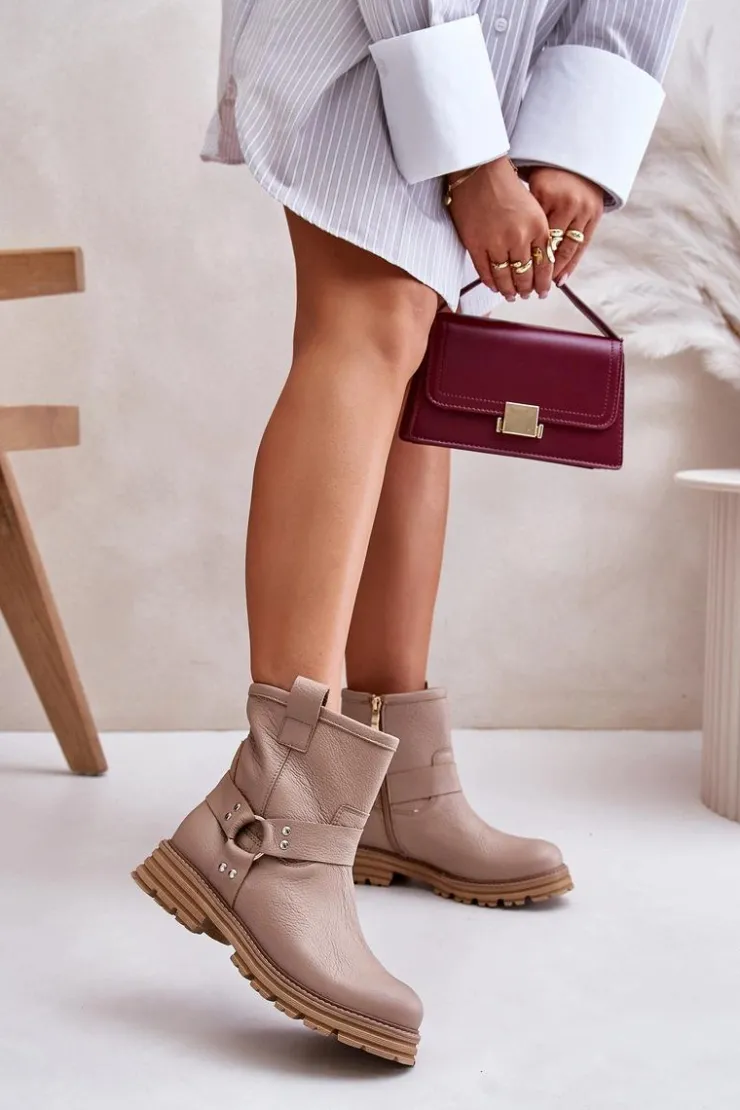 Discount Boto Skórzane Botki Damskie Na Płaskim Obcasie Lewski 3610 Beżowe Beżowy