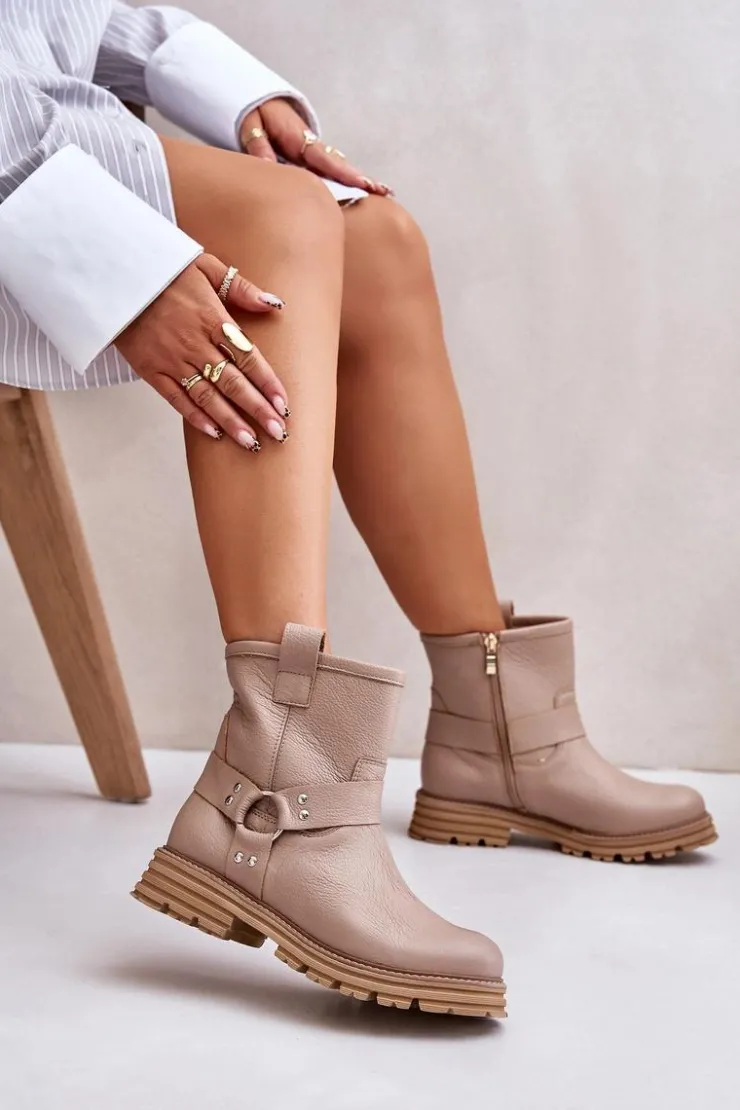 Discount Boto Skórzane Botki Damskie Na Płaskim Obcasie Lewski 3610 Beżowe Beżowy