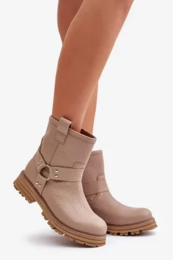 Discount Boto Skórzane Botki Damskie Na Płaskim Obcasie Lewski 3610 Beżowe Beżowy