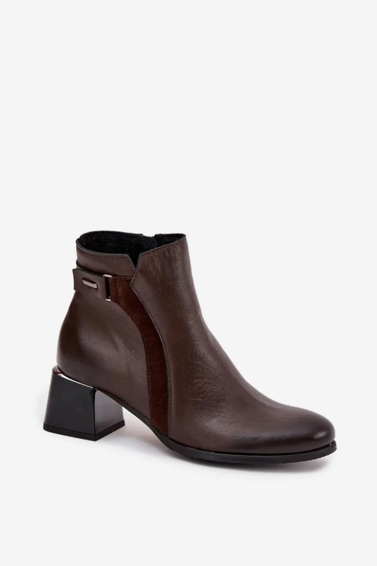 Damskie Zazoo Skórzane Botki Damskie Na Obcasie Ocieplane 60563 Czekoladowe