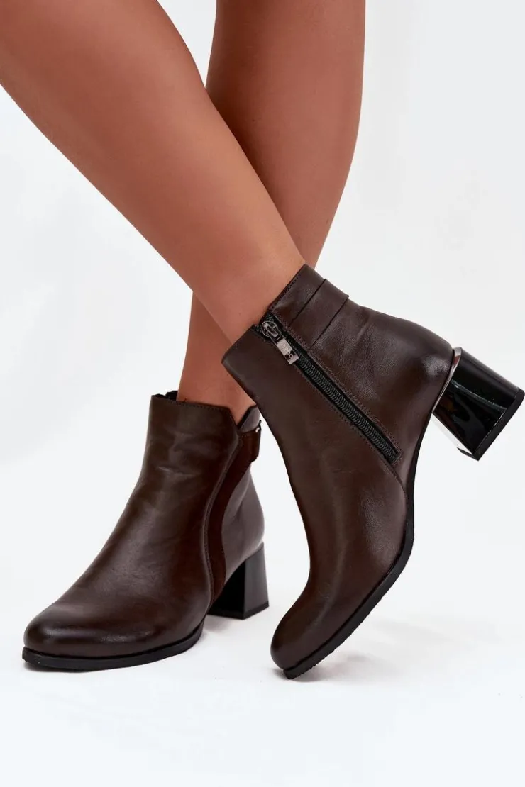 Damskie Zazoo Skórzane Botki Damskie Na Obcasie Ocieplane 60563 Czekoladowe