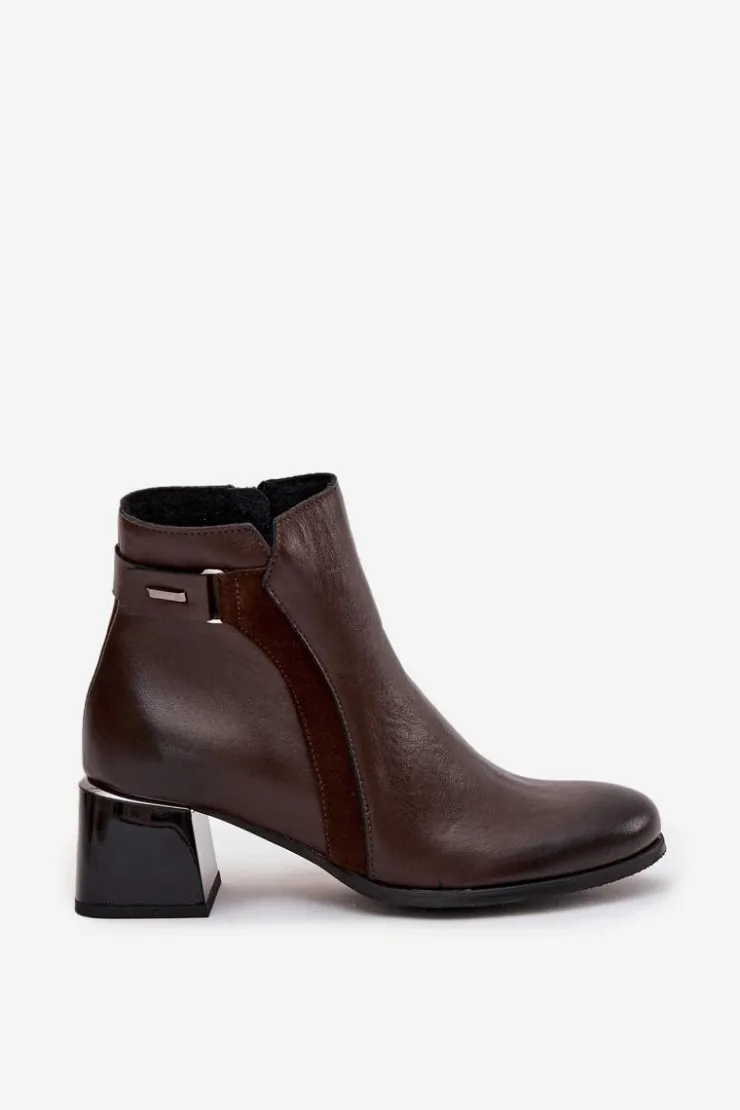 Damskie Zazoo Skórzane Botki Damskie Na Obcasie Ocieplane 60563 Czekoladowe