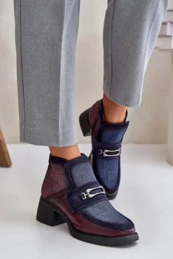 Damskie Maciejka Skórzane Botki Damskie Na Masywnym Obcasie Z Ozdobą 06747-23 Bordowo-Granatowe