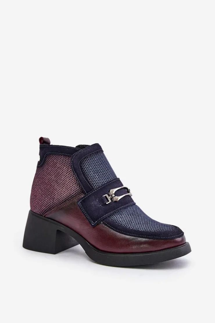 Damskie Maciejka Skórzane Botki Damskie Na Masywnym Obcasie Z Ozdobą 06747-23 Bordowo-Granatowe
