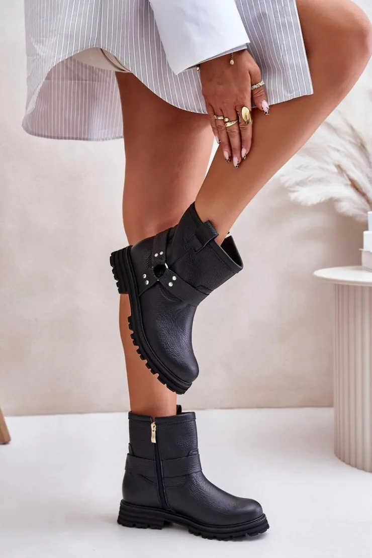 Outlet Boto Skórzane Botki Damskie Na Płaskim Obcasie Lewski 3610 Czarne Czarny