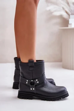 Outlet Boto Skórzane Botki Damskie Na Płaskim Obcasie Lewski 3610 Czarne Czarny