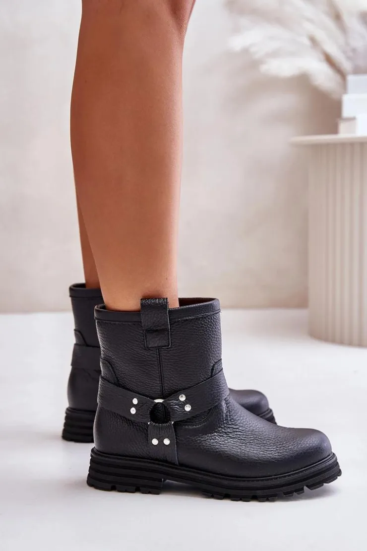 Outlet Boto Skórzane Botki Damskie Na Płaskim Obcasie Lewski 3610 Czarne Czarny