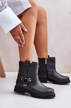 Outlet Boto Skórzane Botki Damskie Na Płaskim Obcasie Lewski 3610 Czarne Czarny